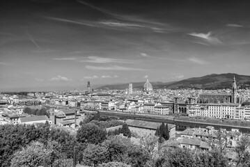 Black and white panoramic aerial view of the historic center of Florence, Tuscany, Italy, from Piazzale Michelangelo