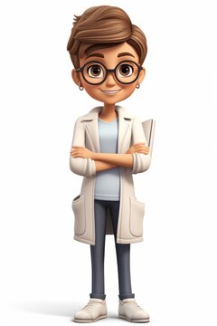 A cartoon image of a female doctor with brown hair, glasses, and a lab coat