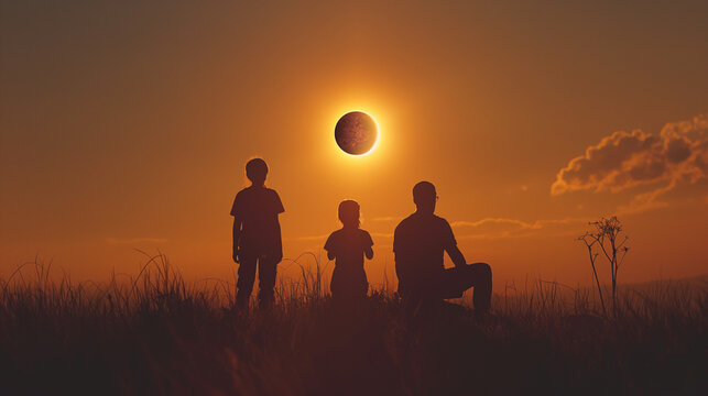 Father and children watching the eclipse