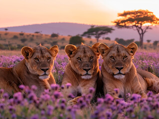 Picture a tranquil evening on the Savanna, where Lions lounge beneath a Lavender sky