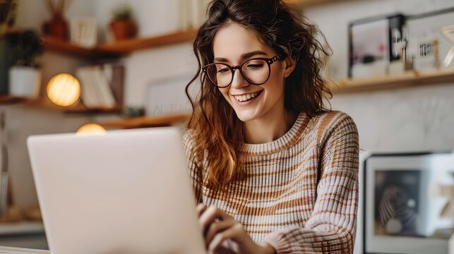 Young woman working from home, smiling at laptop screen. Casual and modern teleworking setup. Concept of remote work lifestyle. AI