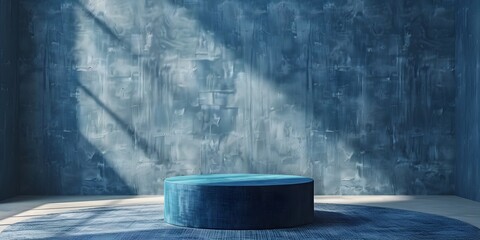 A cylindrical blue denim textured podium with ample copy space for product display or presentation