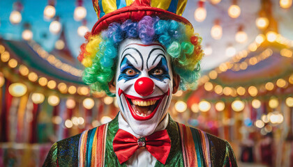 Portrait of scary spooky clown monster from horror movie. Evil clown face. - obrazy, fototapety, plakaty