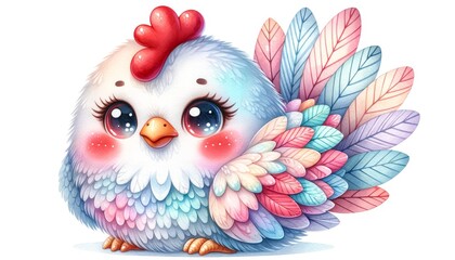 Obraz premium cute chicken with oversized eyes and rainbow feathers. Easter celebration.