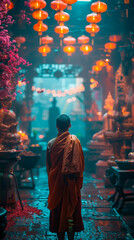 Travel photos of monks in Asia performing a ceremony in a temple. - obrazy, fototapety, plakaty