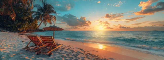 Fotobehang Beautiful summer beach with palm trees and sunltriage, two wooden chairs under umbrella on white sand at sunset. banner for vacation background © RedSSS