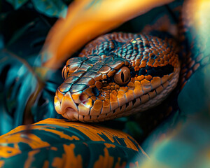 Anacondas slither through Tropical Undergrowth beneath a canopy of Sunshine Yellow leaves