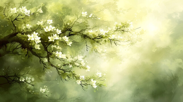 A painting of a tree with white flowers. The painting has a bright and cheerful mood, with the white flowers and green leaves creating a sense of freshness and vitality