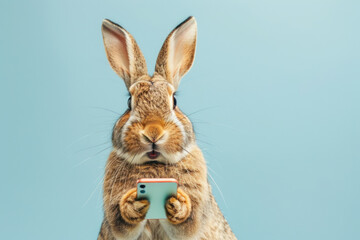 Fototapeta premium Humorous image of a rabbit seemingly using a smartphone