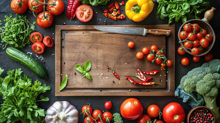 A wooden cutting board with a variety of vegetables and herbs on it. The vegetables include tomatoes, peppers, broccoli, and cucumbers. The cutting board is set on a countertop, and a knife is nearby