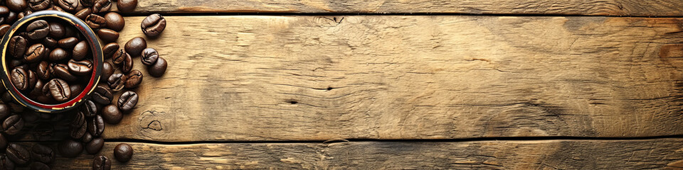 A wooden background with coffee beans on it