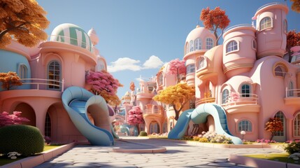 A whimsical 3D rendering of a colorful and vibrant city with pink buildings and blue skies - obrazy, fototapety, plakaty
