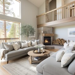 Modern living room interior with fireplace and large windows