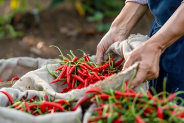 woman collecting chili peppers into cloth sack - obrazy, fototapety, plakaty