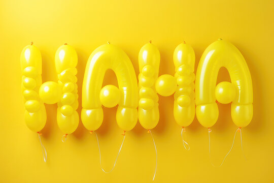 Yellow balloons spelling out the word HAHA on a yellow background