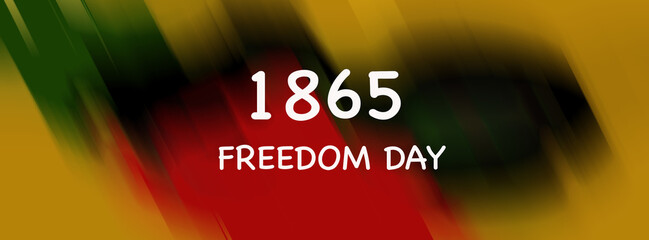 Juneteenth freedom day 1865 - text on the banner in black, red and yellow, green colors, bright pattern. - obrazy, fototapety, plakaty
