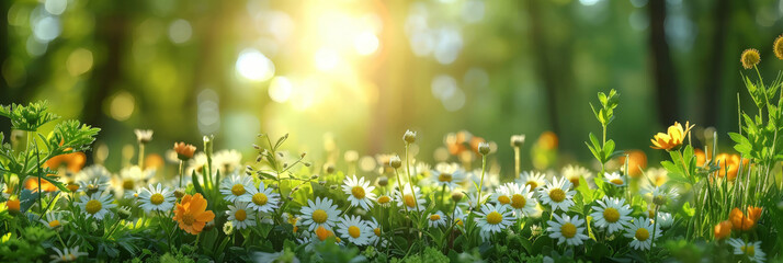 Fototapeta premium Spring field with fresh nature. Green spring meadows with blurred forest in the background.A beautiful spring summer meadow. Natural colorful panoramic landscape with many wild flowers of daisies