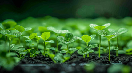 A field of green plants with droplets of water on them. The plants are small and are growing in the dirt