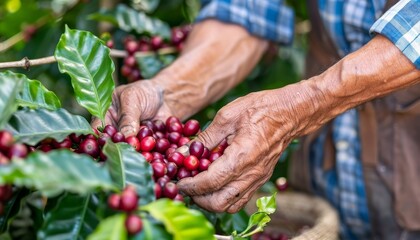 Hand picking arabica or robusta coffee berries in agriculture field for quality beans - obrazy, fototapety, plakaty