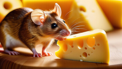 Fototapeta premium A cheerful little mouse eats a large piece of yellow cheese with holes. In the backdrop of a spacious bright kitchen, beautiful sunlight.