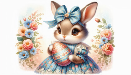 An endearing bunny with a floral headband, holding a patterned Easter egg, amidst a blooming garden.