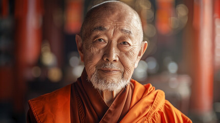 portrait of old Chinese monk at Chinese ceremony at temple.