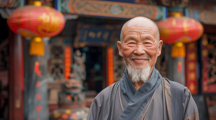 portrait of old Chinese monk at Chinese ceremony at temple.