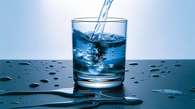 A glass of water is poured into a glass, and the water is splashing out of the glass