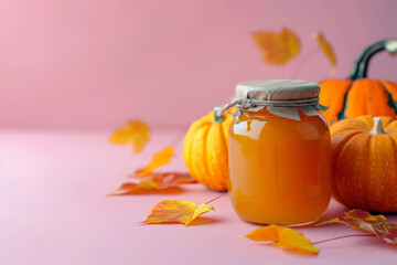 Pumpkin jam, marmalade, jam in a glass jar on a light background. Homemade traditional chutney sauce with spices. A horizontal illustration with space for text.