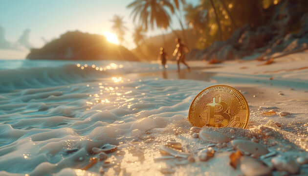 Gold Bitcoin coin in white tropical uninhabited island sand buried on ocean blue lagoon beach with running locals. Modern crypto currency world, finance markets,traveling and investments concept image