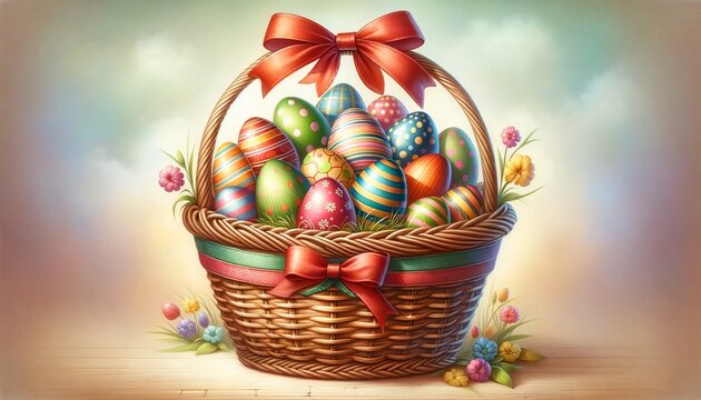 A wicker basket overflowing with brightly decorated Easter eggs, tied with a red bow, set against a backdrop of spring flowers.