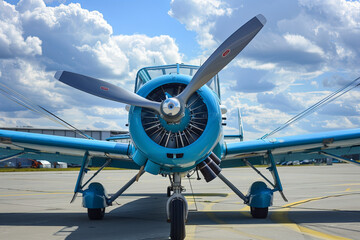 A vintage blue propeller airplane

