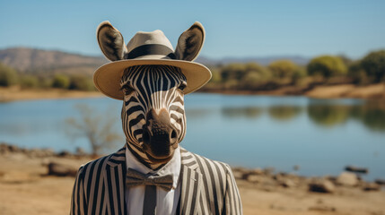 A zebra wearing a hat and a suit is standing in front of a lake. The image has a playful and...