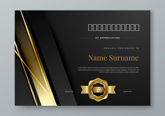 Black gold and white modern certificate template with shapes. For corporate, achievement, diploma, award, graduation, completion, appreciation, acknowledgement, recognition etc