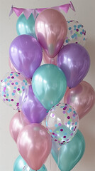 A bunch of colorful balloons with a purple and green one in the middle. The balloons are arranged in a tall stack