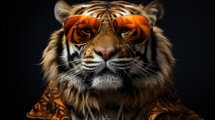 A tiger wearing sunglasses and a jacket. The tiger is wearing sunglasses and a jacket, giving it a cool and stylish appearance