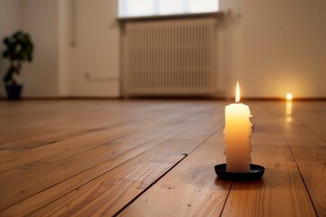 empty yoga studio with a single lit candle on a wooden floor
