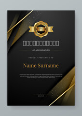 Black white and gold certificate of appreciation border template with luxury badge and modern line and shapes. Certificate of achievement, awards diploma, education, school