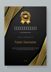 Black white and gold vector professional and modern award corporate certificate design template. For award, business, diploma, workshop, award, graduation, completion, competition and education