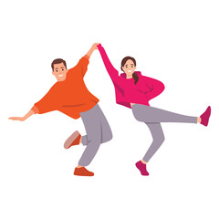 Two young active couple, boys and girls dancing contemp, hip hop. Flat vector illustration isolated on white background