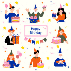 Happy positive people,party Happy Birthday.  Flat graphic vector illustration isolated on white background