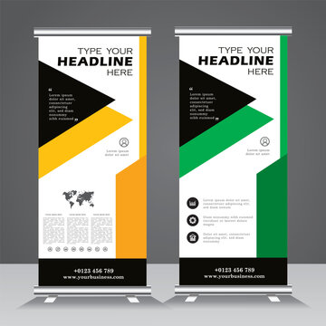 Roll-up banner design tempalte, creative stand banner for conferences, advertising of goods and services, modern flat style, banner for seminars. yellow and green color roll up,