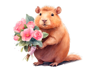 Cute capybara, hamster, guinea pig with bouquet of flowers, watercolor illustration, png on transparent background