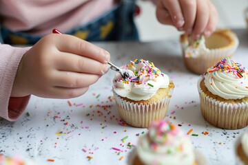 kid decorating cupcakes with colorful sprinkles and frosting