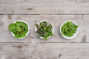 White bowls with fresh stinging oil, gourd and garlic rocket on a wooden background with copy space