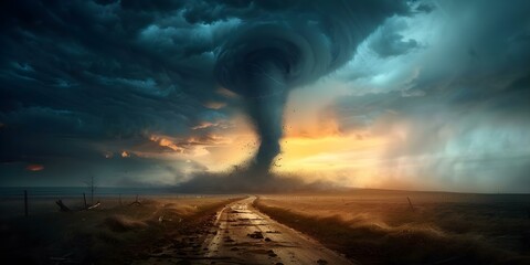 A powerful tornado rips through a rural area leaving destruction in its wake under a stormy sky. Concept Natural Disaster, Tornado, Destruction, Stormy Weather, Rural Area