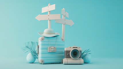 Vintage blue suitcase and hat with camera and signpost on pastel blue background - travel concept, 3d rendering - obrazy, fototapety, plakaty