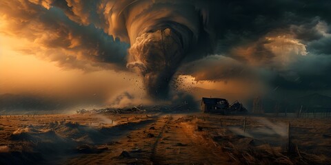 Devastation Unleashed: A Powerful Tornado Strikes a Rural Area Amidst Stormy Skies. Concept Natural Disaster, Tornado Damage, Stormy Weather, Rural Area, Crisis Management - obrazy, fototapety, plakaty