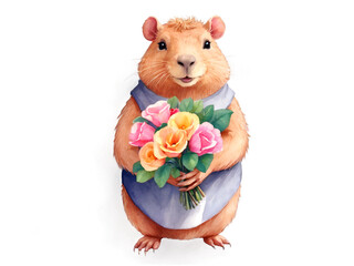 Cute capybara, hamster, guinea pig with bouquet of flowers, watercolor illustration, png on...