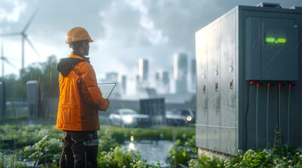 A man in an orange jacket is standing in a field with a tablet in his hand. He is looking at the tablet, possibly checking some information or instructions - obrazy, fototapety, plakaty
